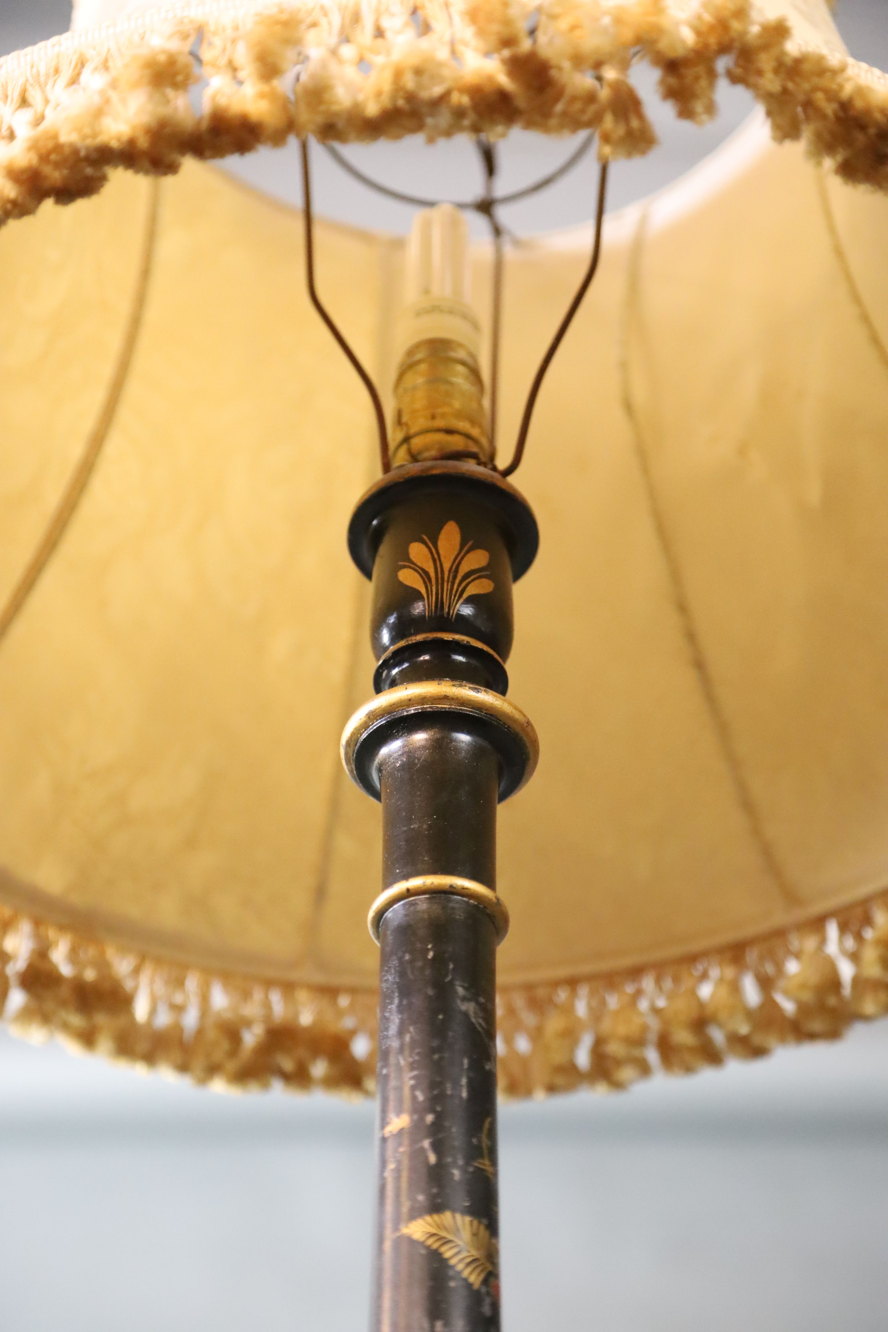 A 1930s chinoiserie black lacquered lamp standard, H.140cm